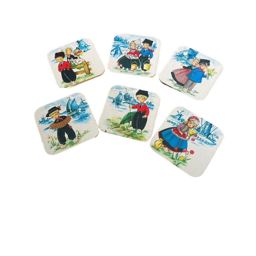 Cork Drink Coasters Vintage Dutch Holland Children Boy Girl  Windmill Set Of 6